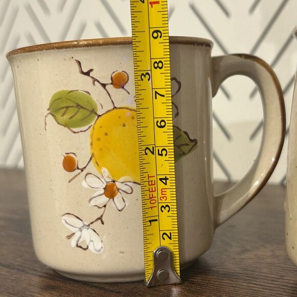 Vintage 2 NORLEANS Stoneware Speckled Mugs Hand Painted Yellow Flower Lemon 70's - Picture 7 of 8